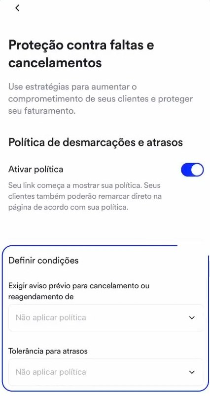 Tela do app da Quaddro com a política de cancelamentos e atrasos, num iPhone 17