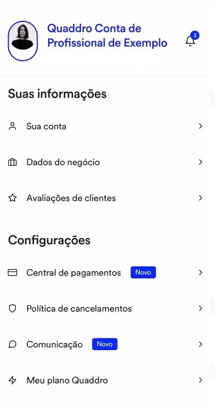 Menu da conta no app da Quaddro com dados do negócio, avaliações e configurações, num Galaxy S26