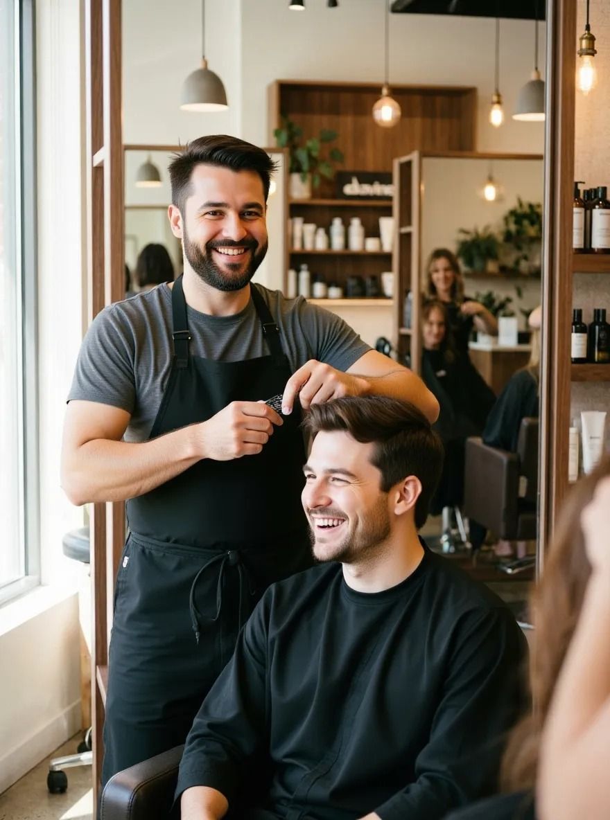 Cabeleireiro atende um cliente no salão