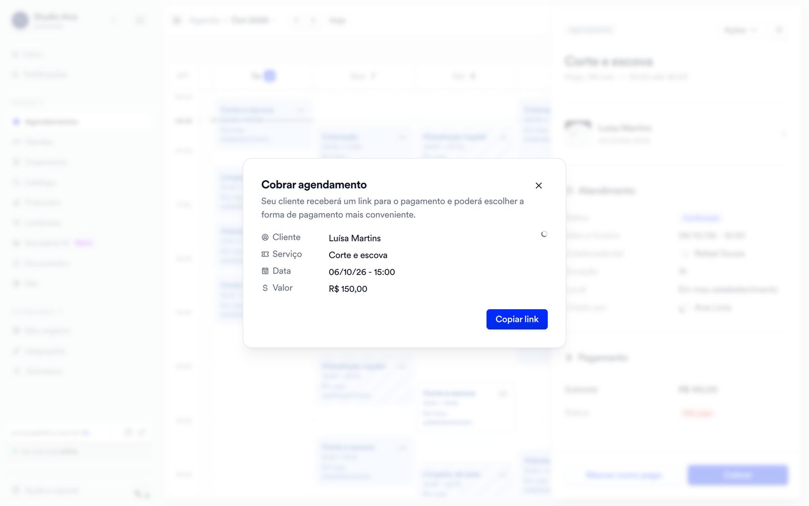 Janela Cobrar agendamento na Quaddro, com cliente, serviço, data, valor e o botão Copiar link