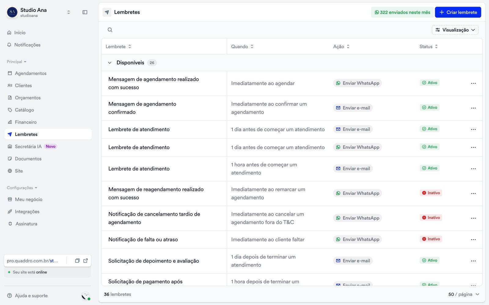 Lista de mensagens automáticas na Quaddro, com lembrete, confirmação, cobrança e pedido de avaliação