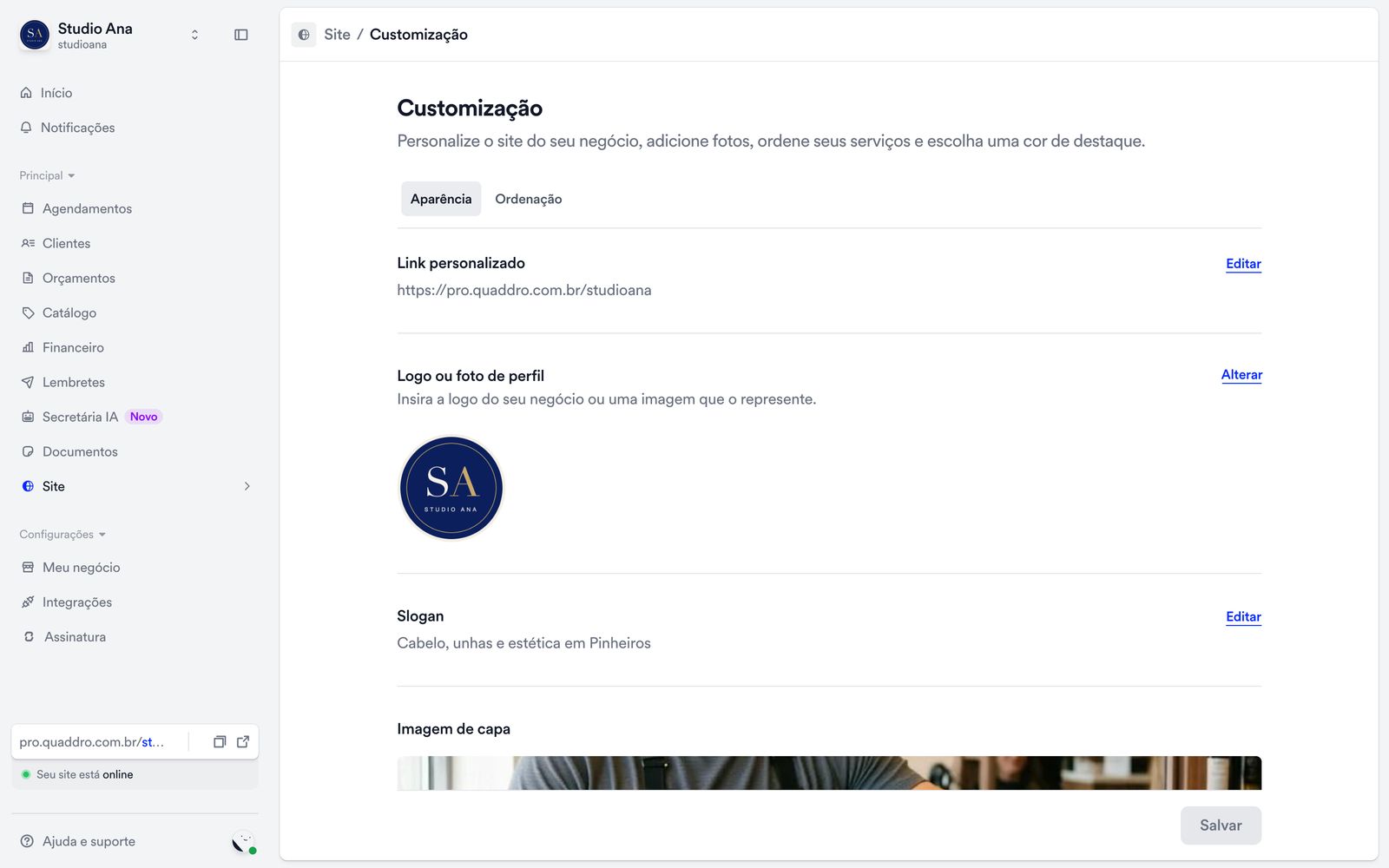 Personalização do site na Quaddro: link próprio, logo, slogan e imagem de capa