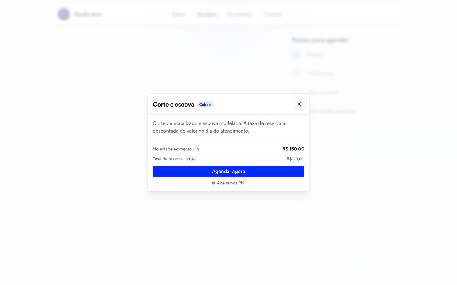 Serviço no site de agendamento da Quaddro, com preço e taxa de reserva de 20%